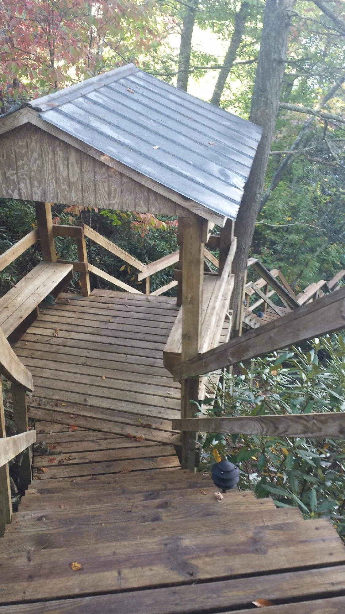 Metal roofed shelter over wooden steps on a wooded walkway — Skylight Repair & Installation work by our crew in Cantonment